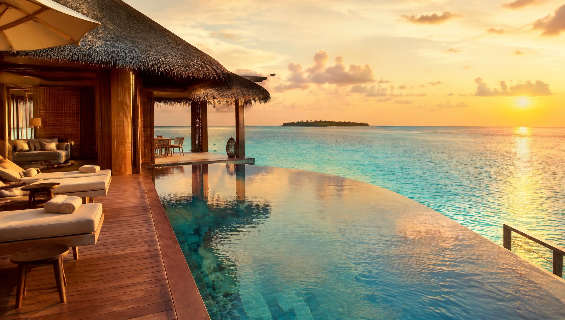 Over-water villa pool at sunset in the Maldives